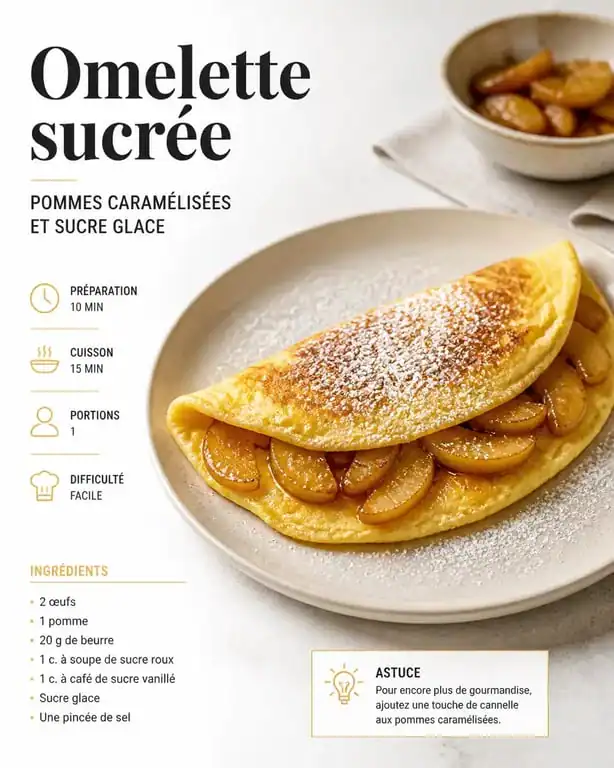 Omelette sucrée aux pommes caramélisées servie sur une assiette