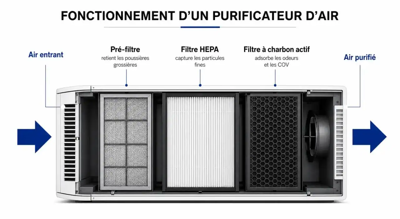 Schéma de fonctionnement d'un purificateur d'air avec filtres HEPA et charbon actif pour assainir l'air intérieur.