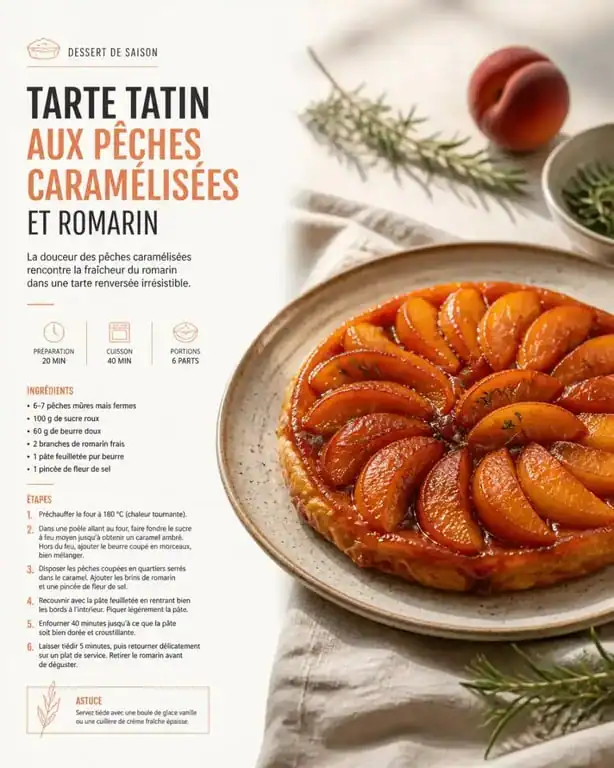 Tarte tatin aux pêches et romarin, un dessert aux pêches gourmand et caramélisé