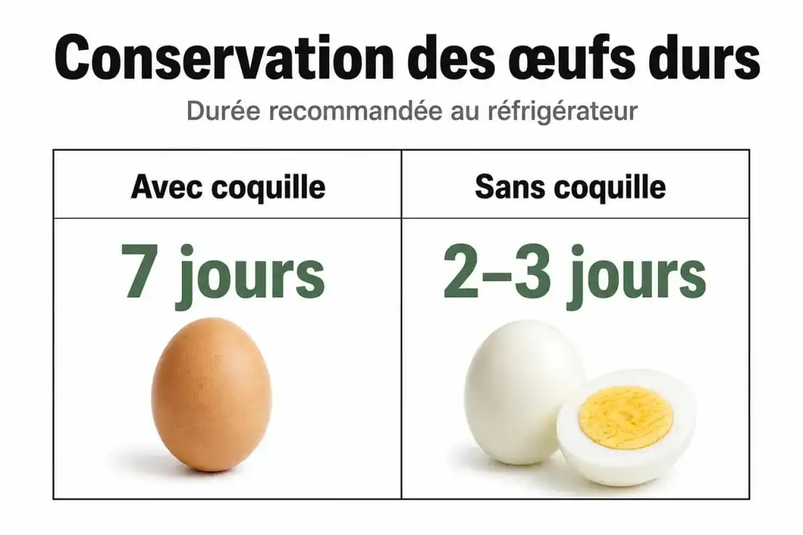 Infographie sur la durée de conservation des œufs durs au réfrigérateur selon leur état avec ou sans coquille