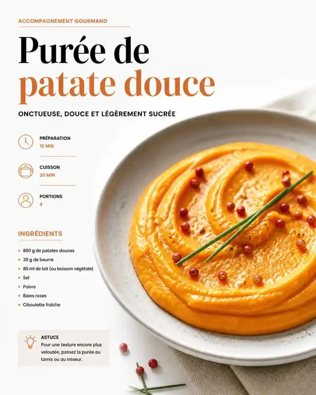 Purée de patate douce onctueuse préparée au Thermomix dans une assiette élégante
