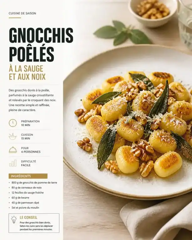 Gnocchis poêlés à la sauge et aux noix, une idée d'accompagnement savoureuse pour sublimer vos gnocchis
