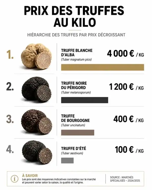 Infographie comparative des prix de la truffe au kilo par variété : truffe noire, blanche, d'été et de Bourgogne.