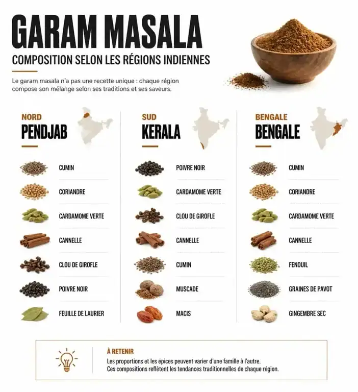 Infographie comparative de la composition du garam masala selon les régions de l'Inde