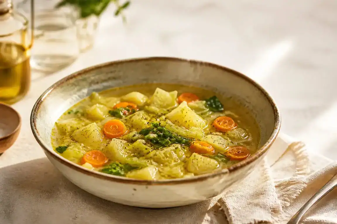 Recette de la soupe aux choux maison servie dans une assiette rustique