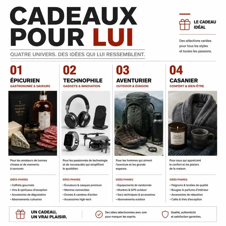 Infographie des idées de cadeaux pour un anniversaire homme selon les profils : épicurien, technophile, aventurier et casanier.