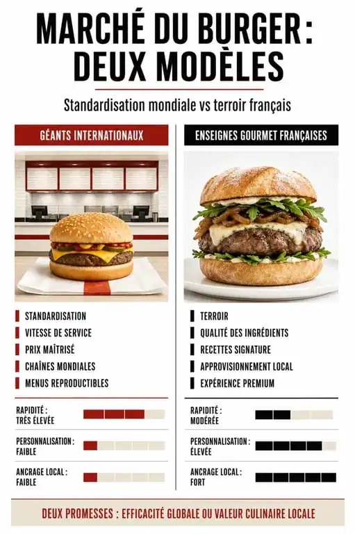 Infographie comparative des chaînes de burger : leaders internationaux versus enseignes gourmet françaises.