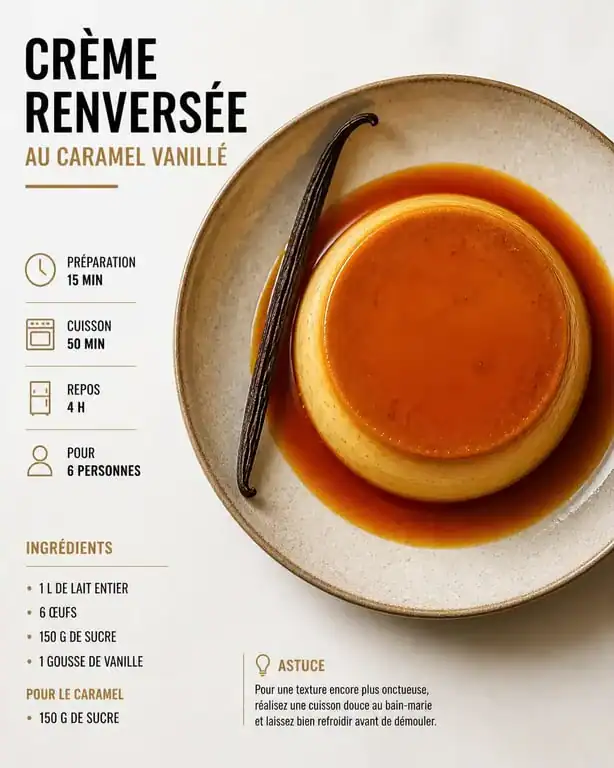 Crème renversée à la vanille Bourbon, dessert gastronomique préparé avec une gousse de vanille de qualité supérieure