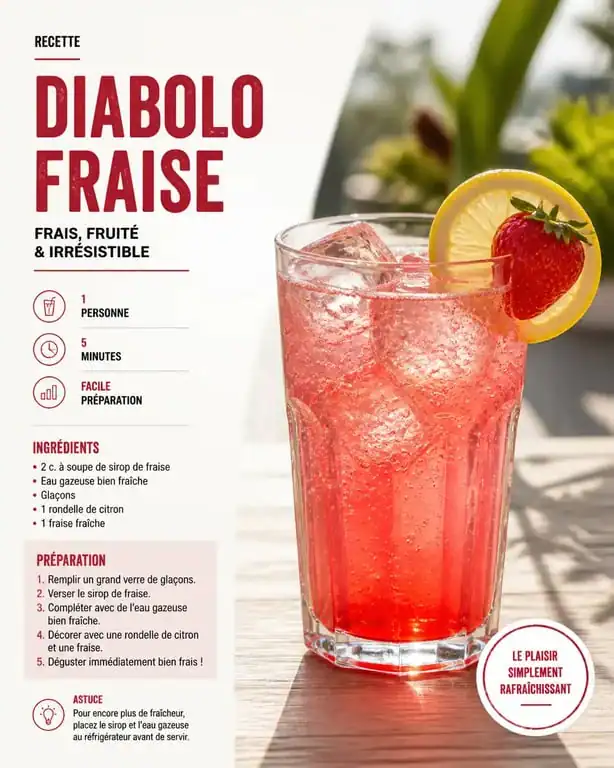 Recette du diabolo fraise maison dans un verre tumbler avec glaçons et fraise fraîche