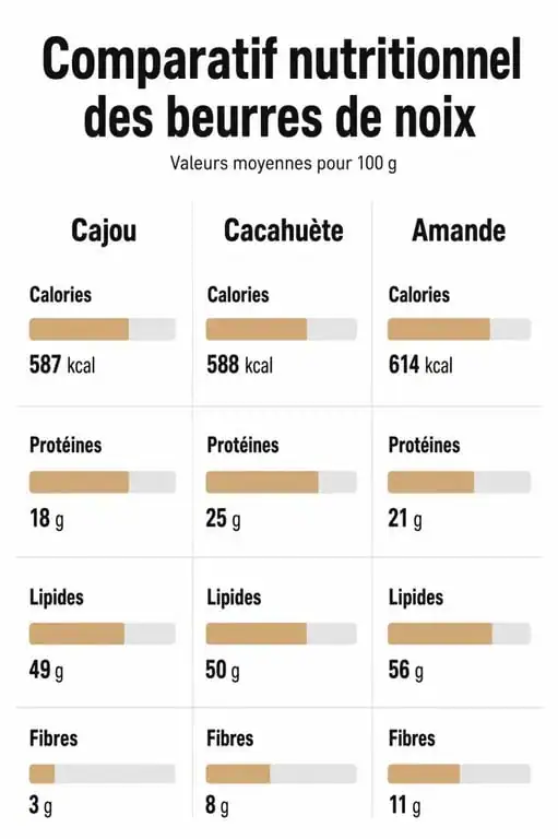 Infographie comparative des valeurs nutritionnelles du beurre de noix de cajou, beurre de cacahuète et purée d'amande
