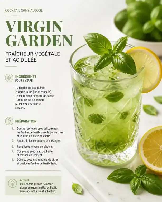 Cocktail Virgin Garden sans alcool, une des meilleures top drinks rafraîchissantes.