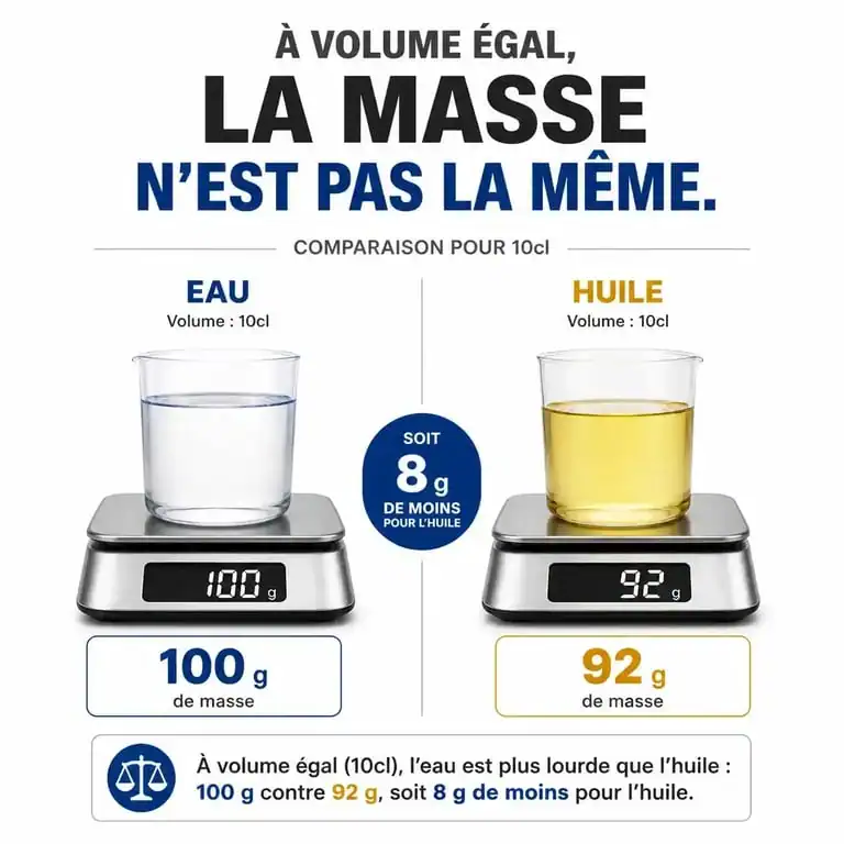 Comparaison visuelle du poids de 10cl d'huile en grammes par rapport à l'eau sur une balance de cuisine