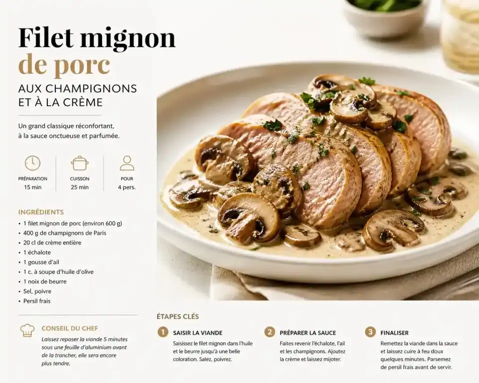 Filet mignon de porc aux champignons et à la crème cuit au Cookeo dans une assiette