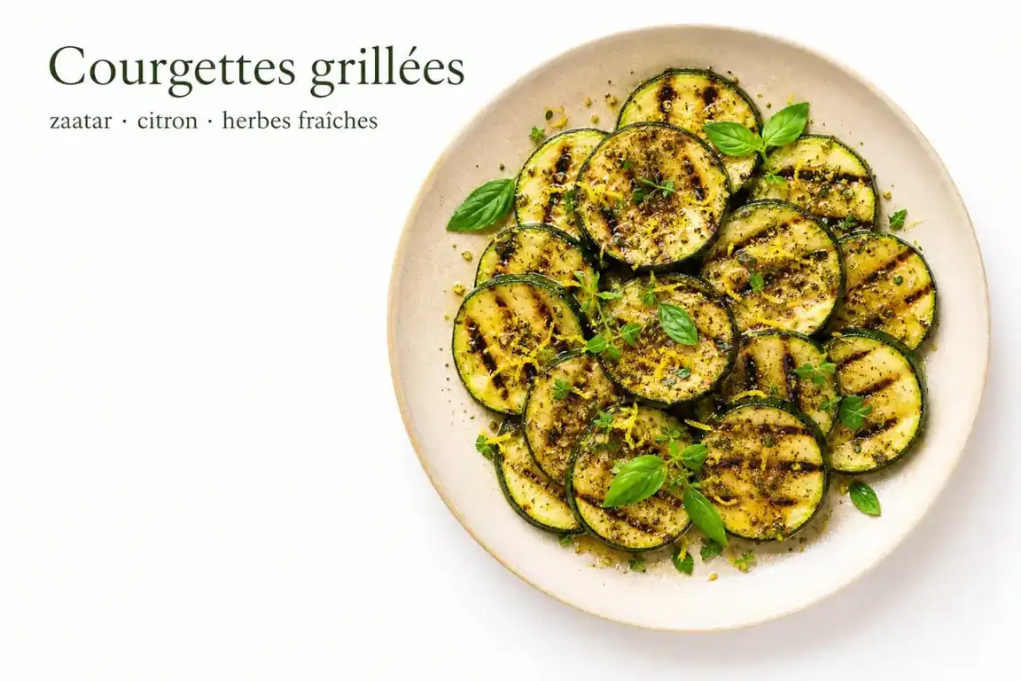 Courgettes à la plancha grillées au citron et zaatar sur une assiette