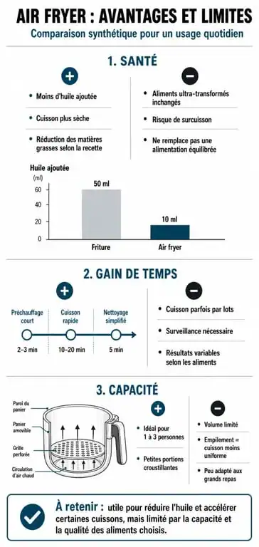 Infographie comparative des avantages et inconvénients de l'air fryer pour la cuisine