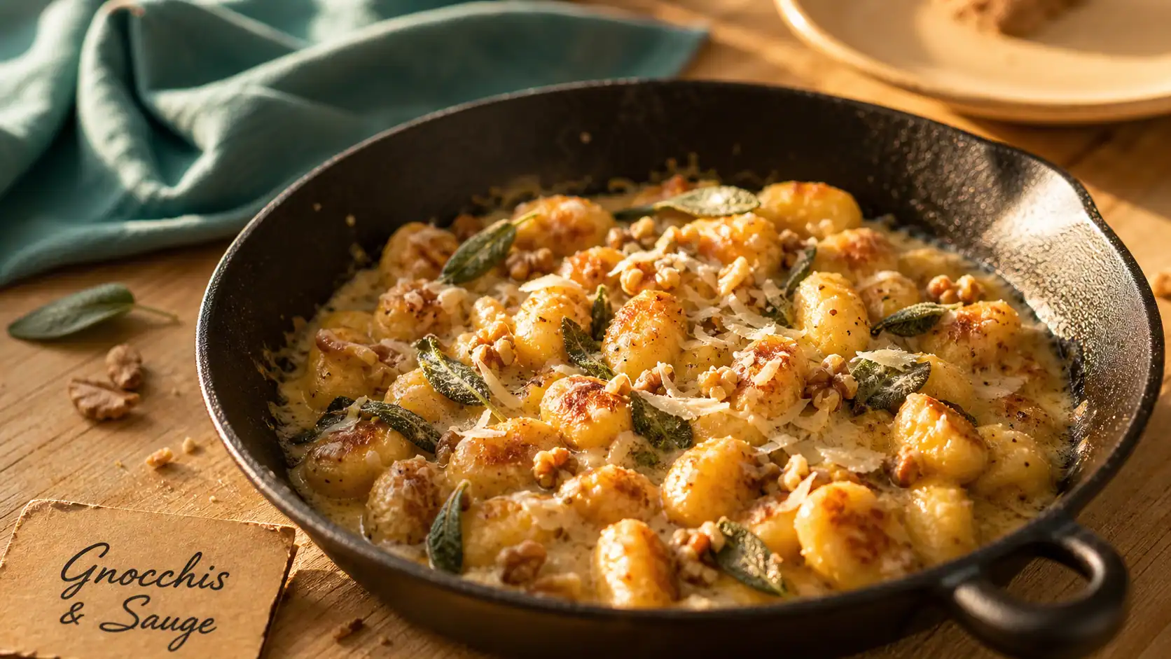 Gnocchi et accompagnement : poêle, sauce crème de sauge et noix, parmesan