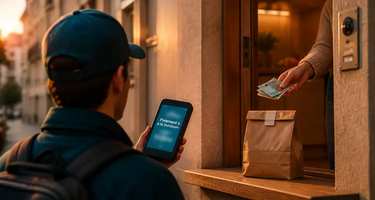 Livraison fast food paiement espece : livreur remet un sachet repas en espèces