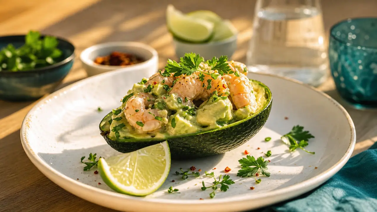 Avocat et crevettes, entrée rapide en demi-coque crémeuse