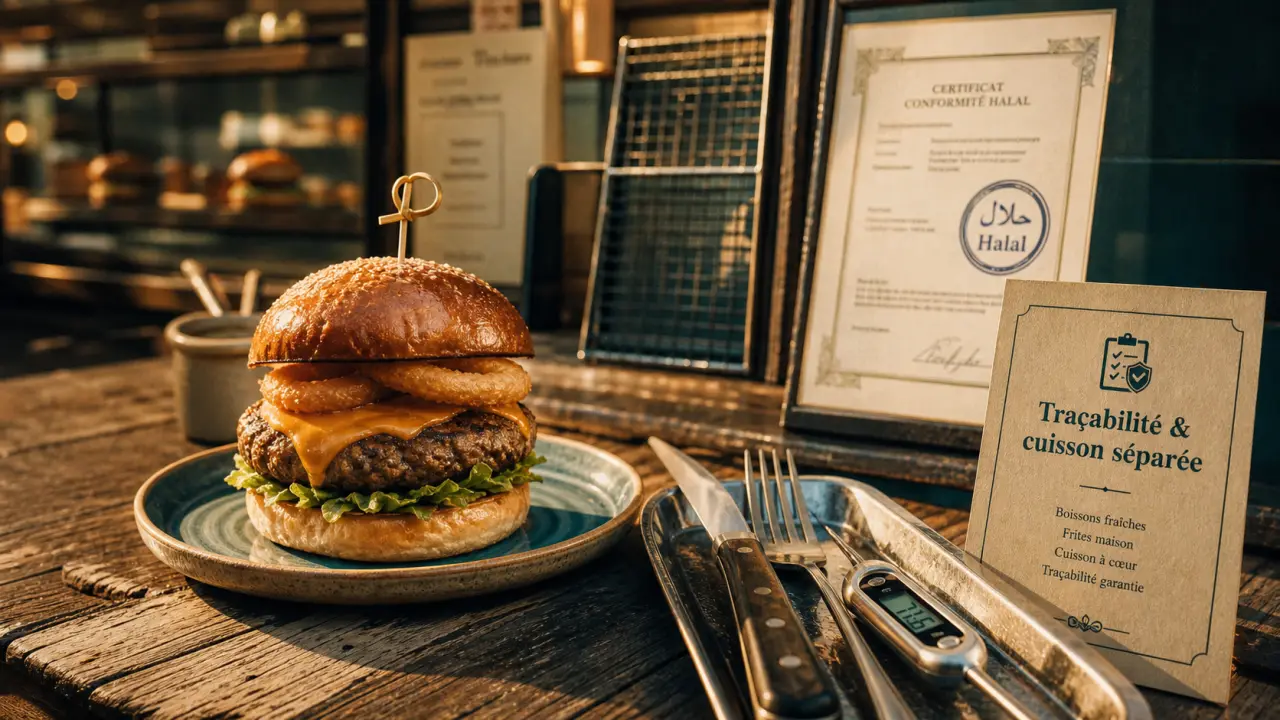 Burger halal avec certification et cuisson séparée, traçabilité