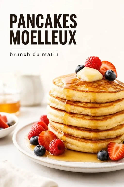 Recette pancakes fluffy : pile de pancakes moelleux et bien gonflés avec sirop d’érable