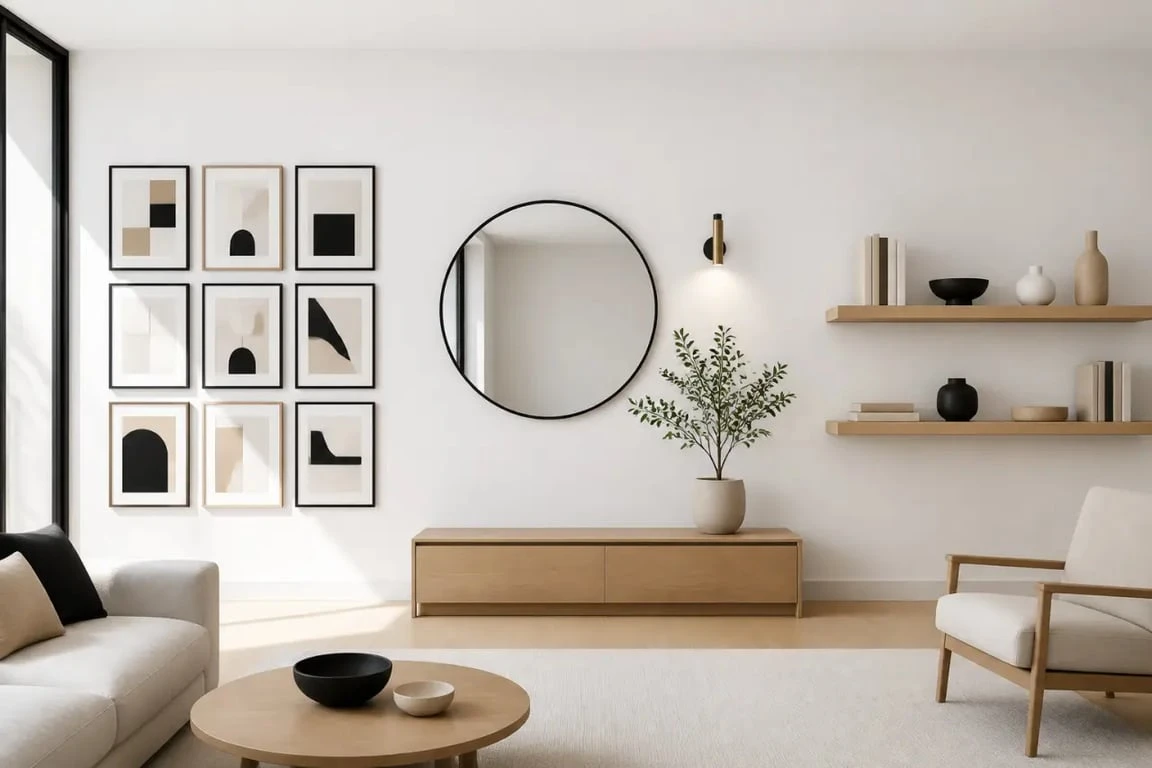 Idées pour décorer un mur blanc avec des cadres, un miroir et des étagères flottantes