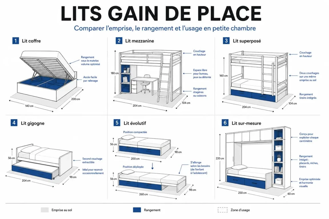 Comparatif visuel des solutions de lit pour petit chambre