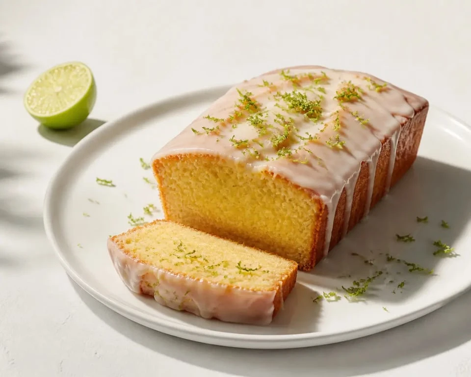 Dessert au citron vert : cake moelleux glacé avec zestes frais sur assiette blanche