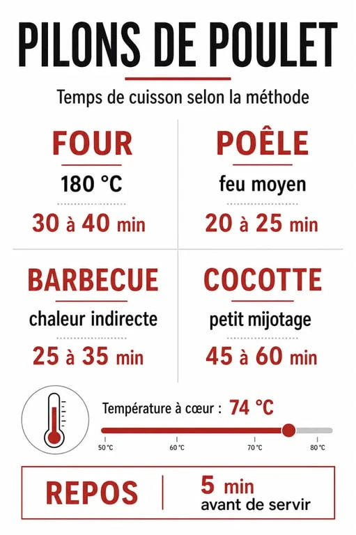Infographie sur le temps de cuisson pour pilon de poulet selon la méthode de cuisson