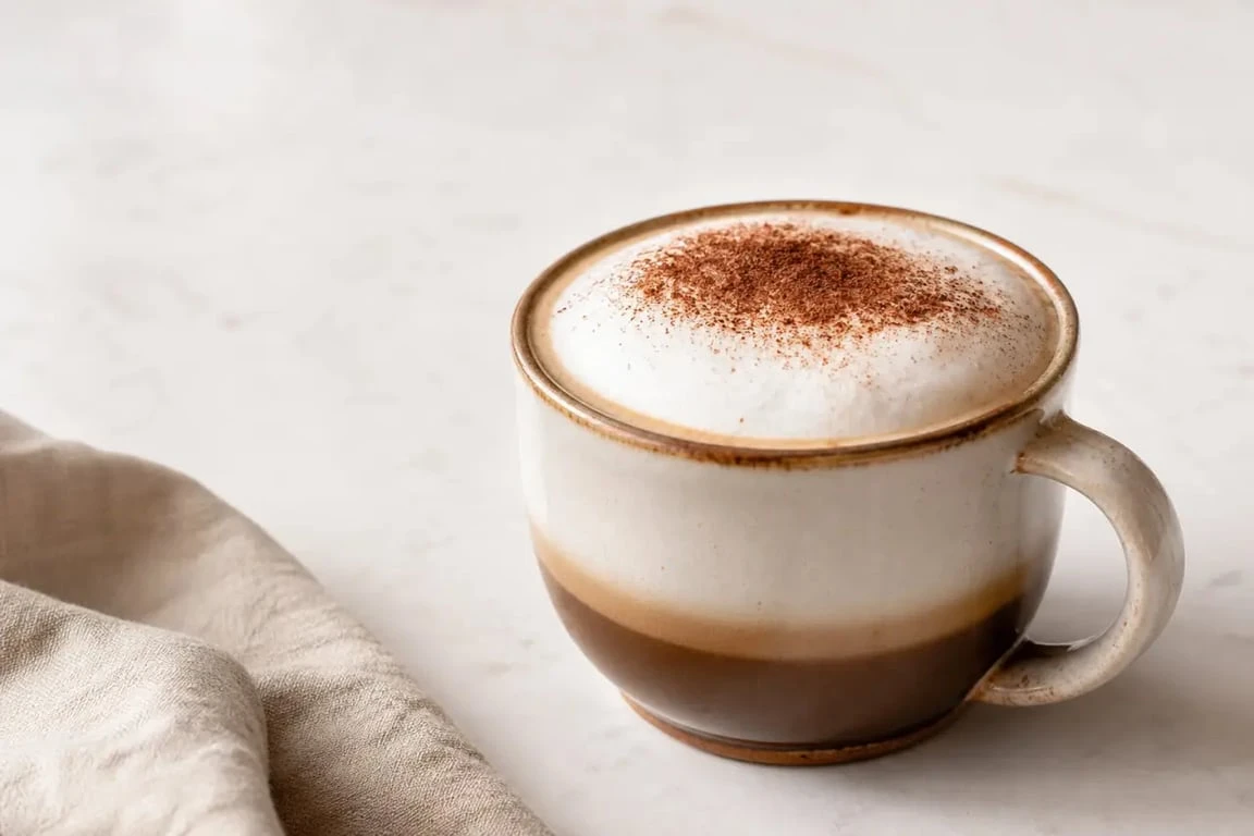 Recette cappuccino maison servie dans une tasse avec mousse de lait et cacao