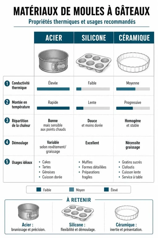 Comparatif des matériaux de moule pour gâteau : acier, silicone et céramique pour réussir vos pâtisseries