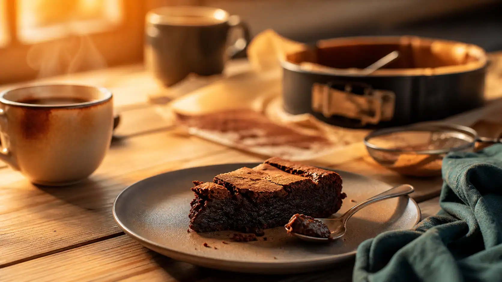 Kladdkaka au cœur collant sur table en bois, 175°C