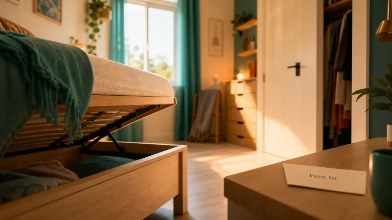 Lit pour petit chambre : lit coffre bois clair, rangements.