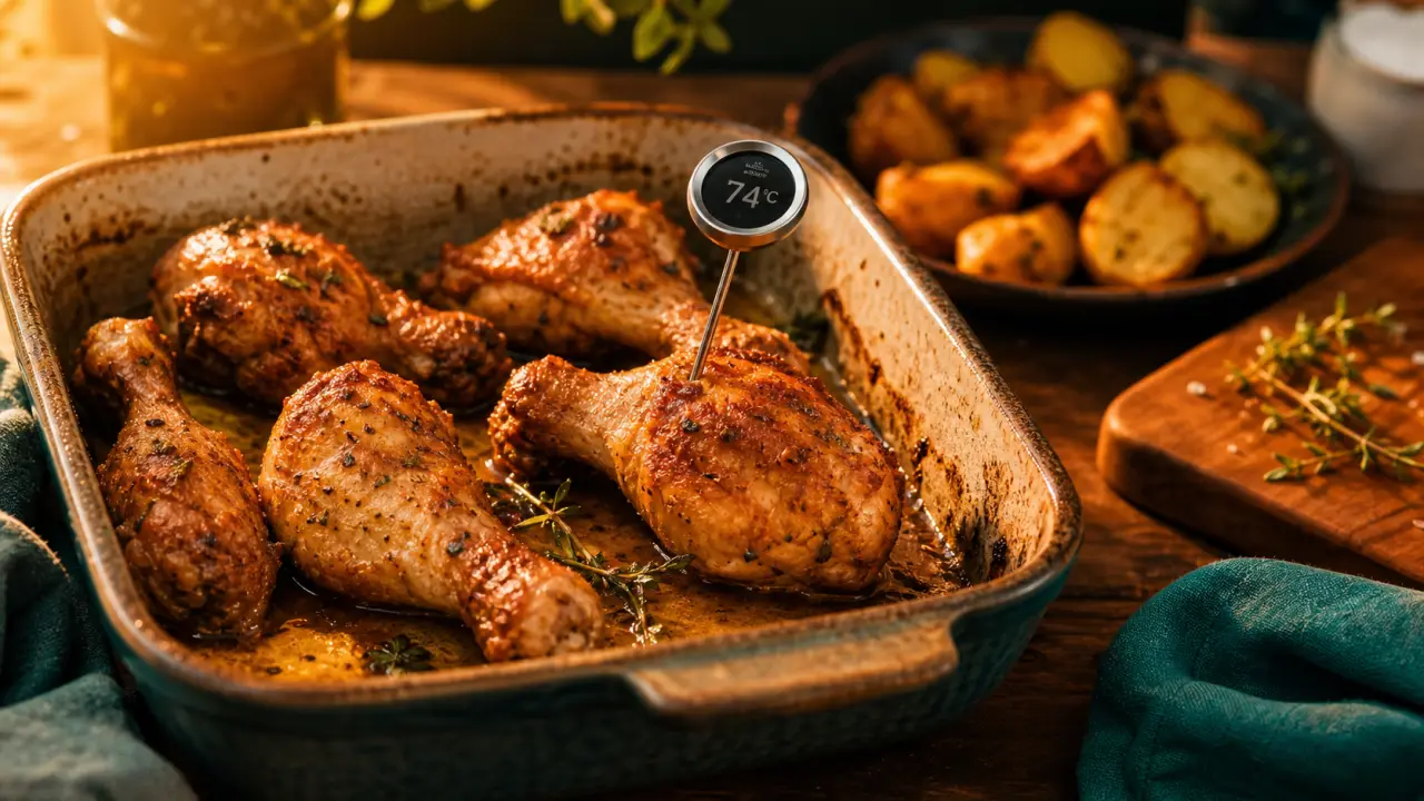 Temps de cuisson pour pilon de poulet : 180°C, cœur 74°C, repos 5 min