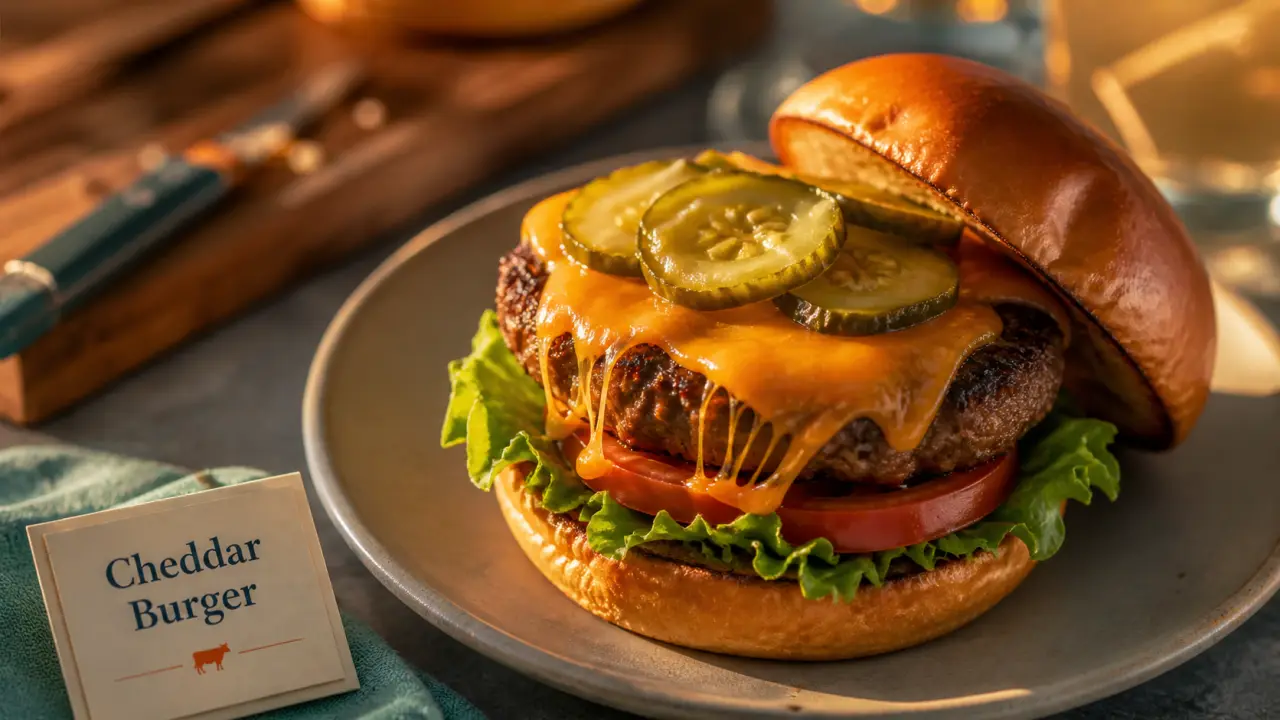 Cheddar burger maison : cheddar qui fond, steak juteux et pickles