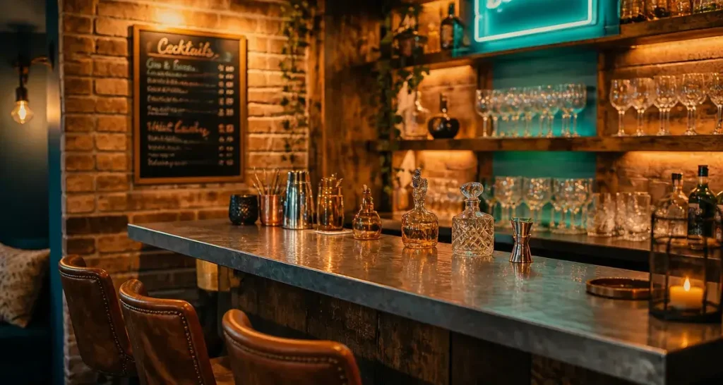 Decoration de bar Riviera pop : bar mural en zinc et briques