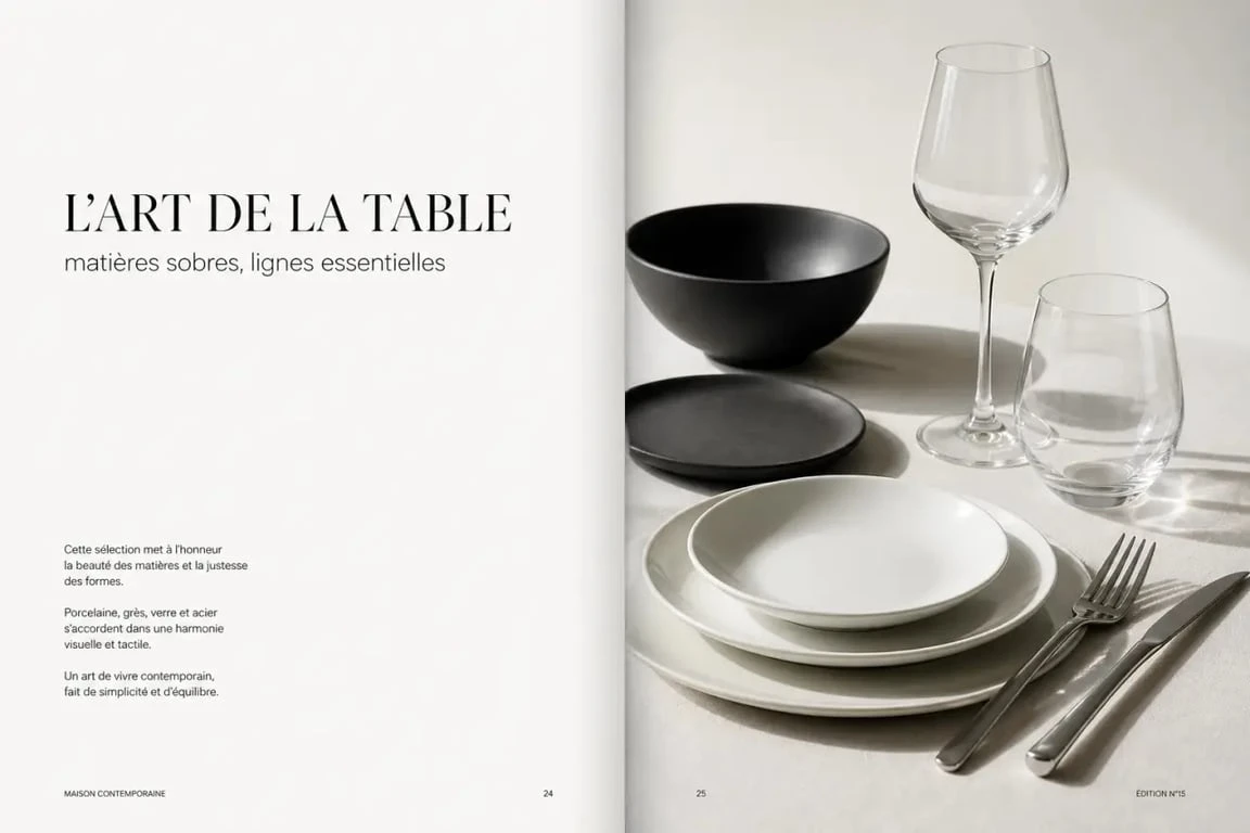 Vaisselle design sur une table contemporaine et minimaliste avec porcelaine, grès noir et acier inoxydable