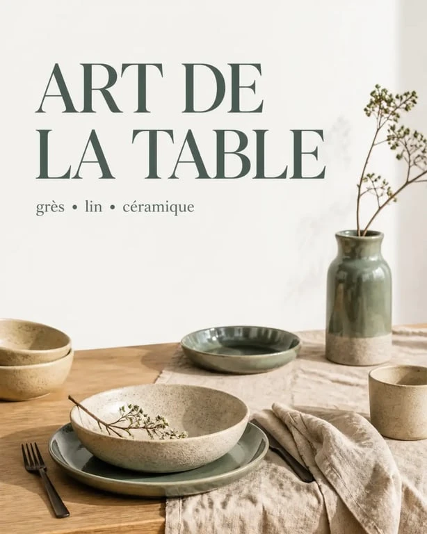 Vaisselle design sur une table scandinave chaleureuse avec grès texturé et céramique artisanale