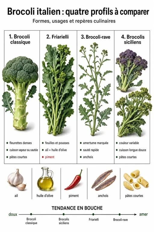 Brocoli italien : comparaison visuelle des friarielli, du brocoli-rave et des brocolis siciliens
