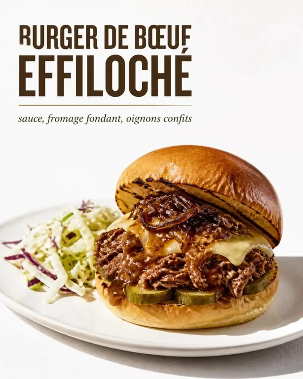 Burger effiloché de boeuf servi sur assiette, avec fromage fondant et garnitures