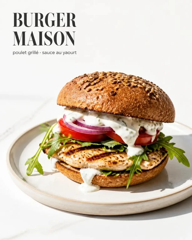 Burger healthy maison au poulet grillé, sauce yaourt et légumes croquants