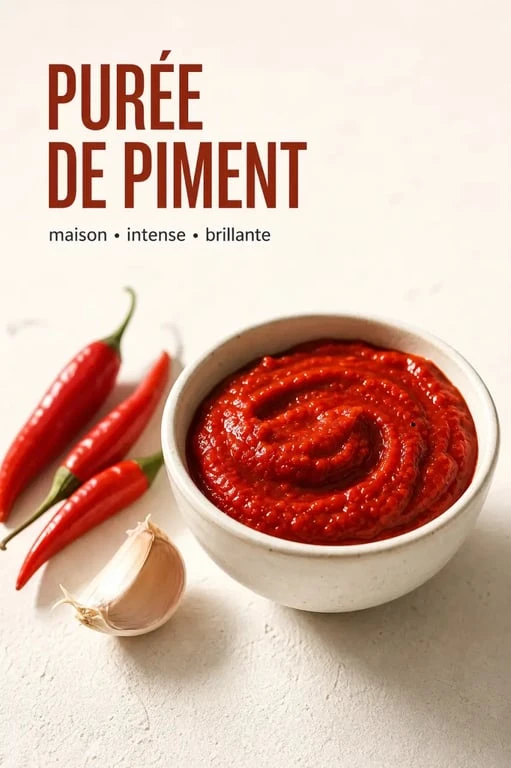 Purée de piment maison dans un petit bol, recette de purée de piment maison rouge et brillante