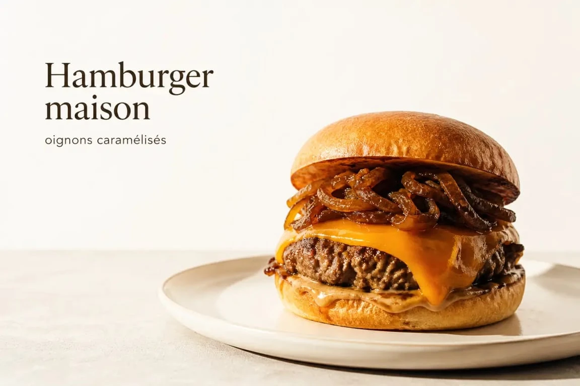 Recette oignons caramélisés pour hamburger servi sur un burger maison gourmand