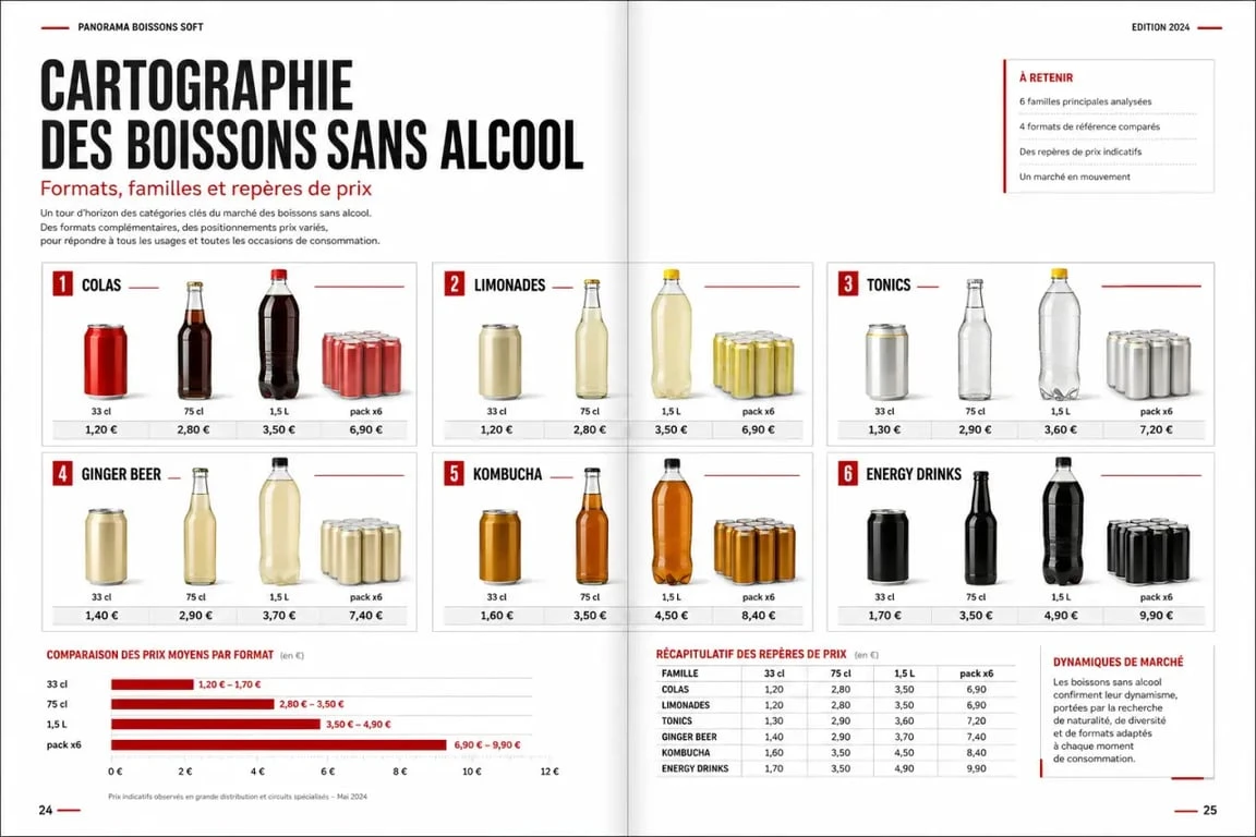 Boisson soft : comparaison visuelle des familles, formats et prix