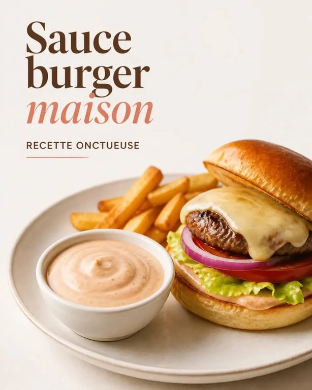 Sauce maison pour burger servie avec un burger et des frites, en photo culinaire appétissante