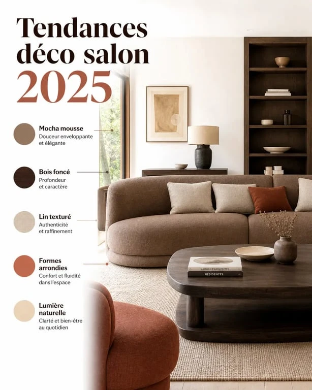 deco salon 2025 : salon contemporain aux tons mocha mousse et beige chaud