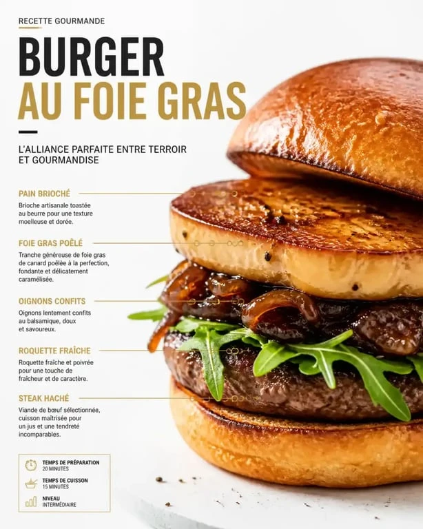 Burger au foie gras gastronomique avec oignons confits et roquette