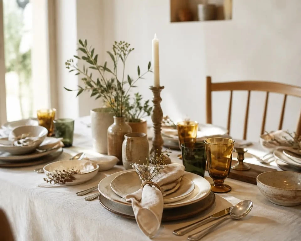 Ambiance déco table bohème chic avec vaisselle dépareillée et détails chinés