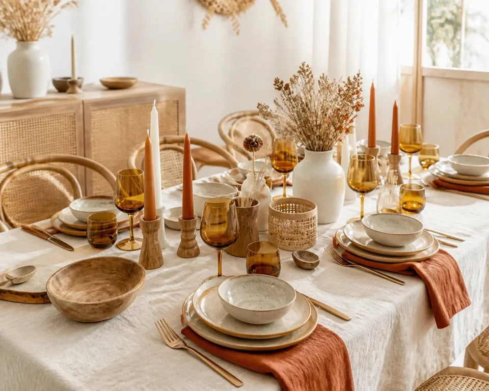 Déco table bohème chaleureuse avec lin écru, grès et fleurs séchées