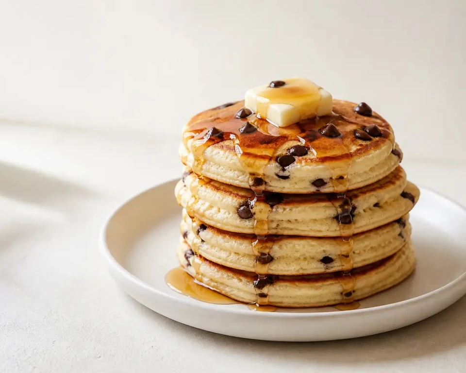 Recette pancakes au pepites de chocolat servie en pile moelleuse sur assiette avec sirop d’érable