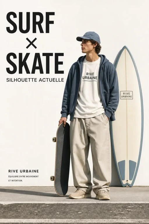 Style surfeur surf x skate avec pantalon ample, t-shirt graphique et hoodie structuré
